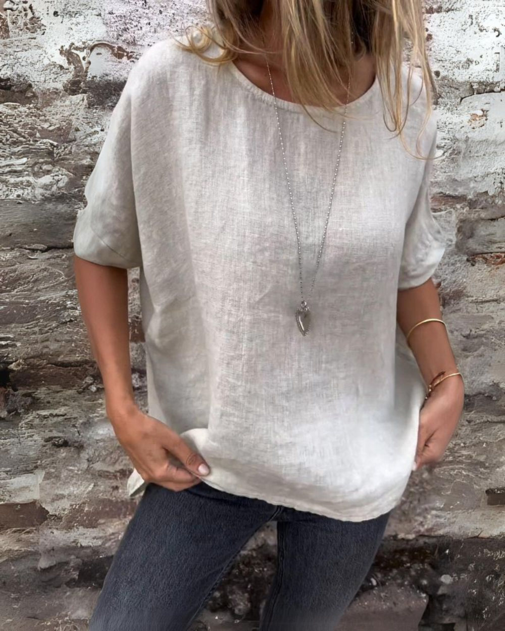 Camiseta de algodón y lino con cuello redondo