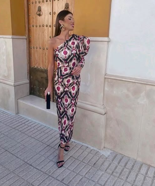 Elle - Vestido midi de hombros caídos morado