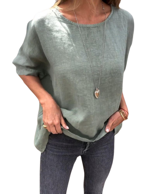 Camiseta de algodón y lino con cuello redondo