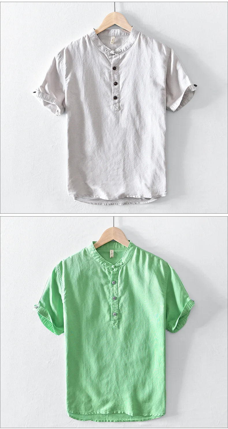 Camisa de algodón y lino de manga corta