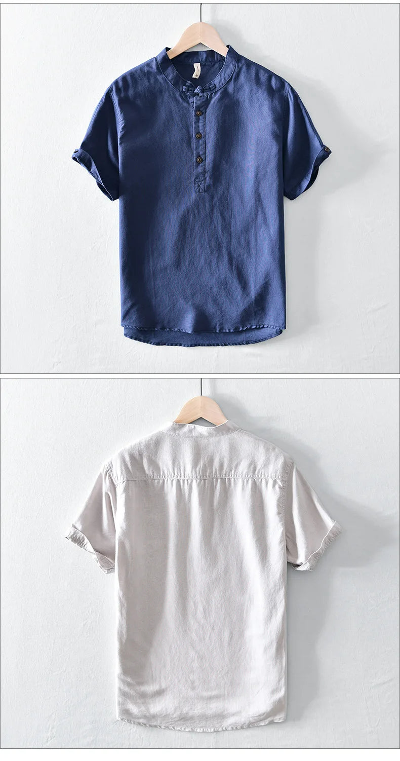Camisa de algodón y lino de manga corta