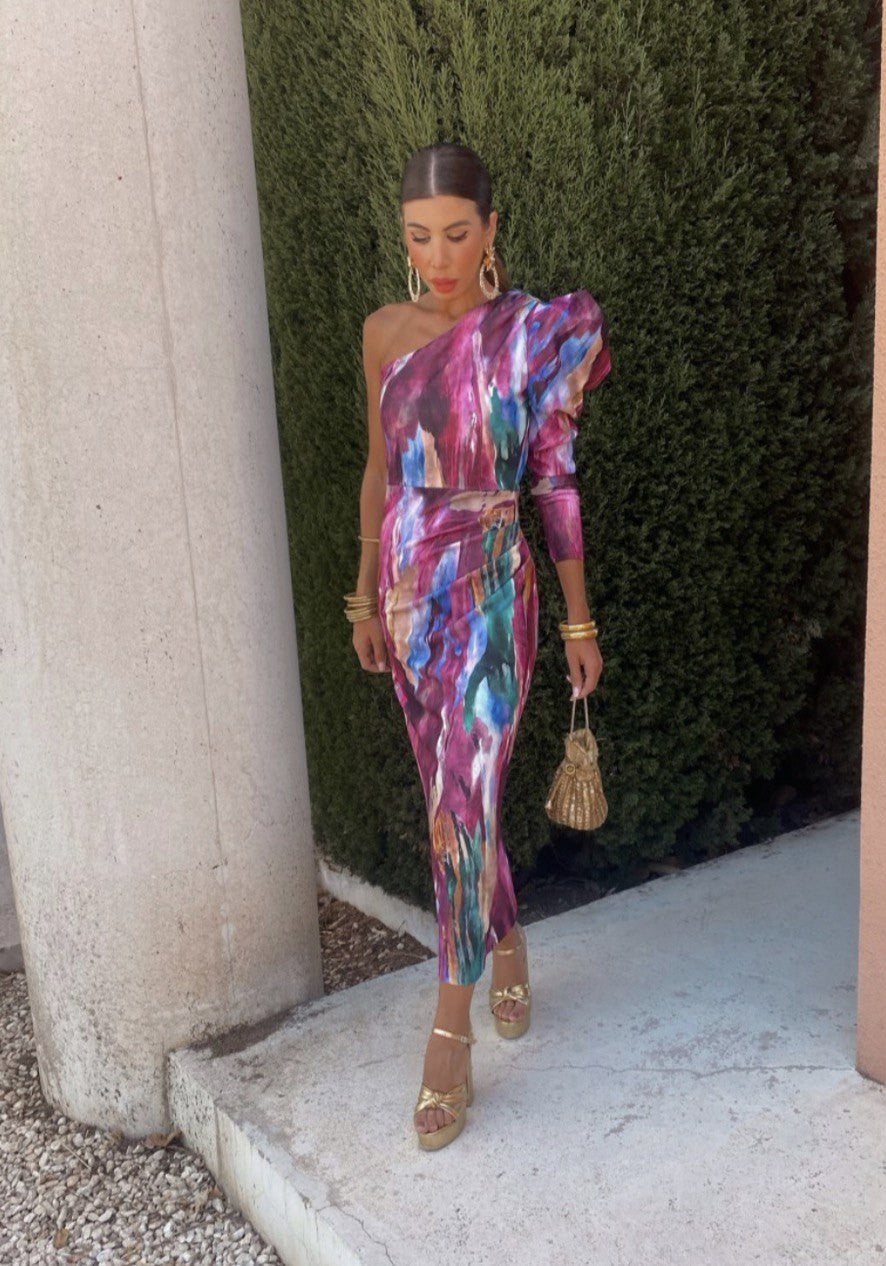 Elle - Vestido midi de hombros caídos morado
