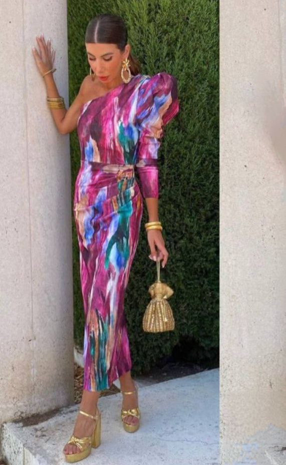 Elle - Vestido midi de hombros caídos morado