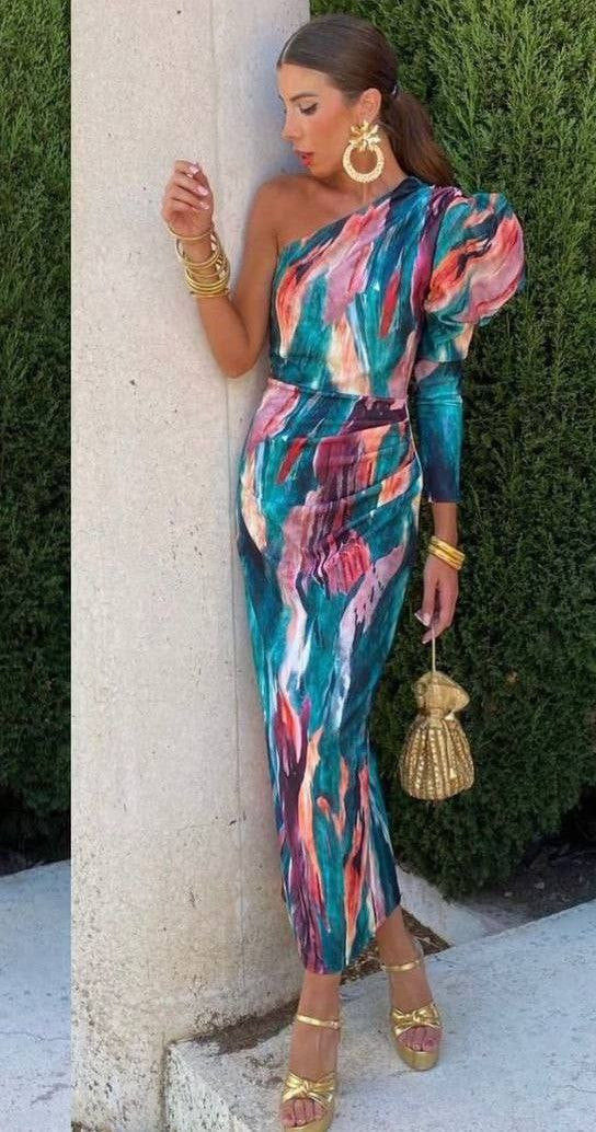 Elle - Vestido midi de hombros caídos morado