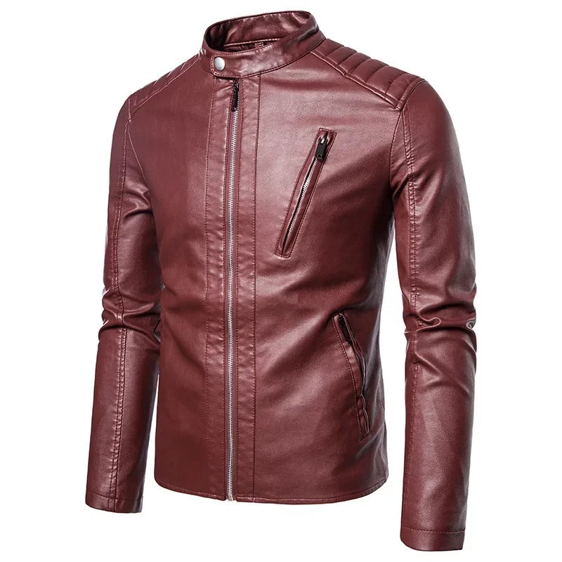 Elegante chaqueta de piel con cuello alzado