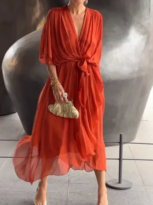 Vestido de gasa de seda con escote en V
