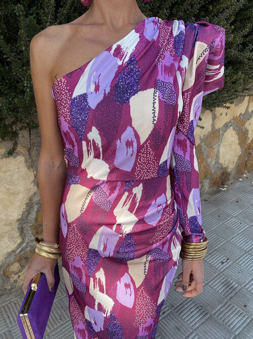 Elle - Vestido midi de hombros caídos morado