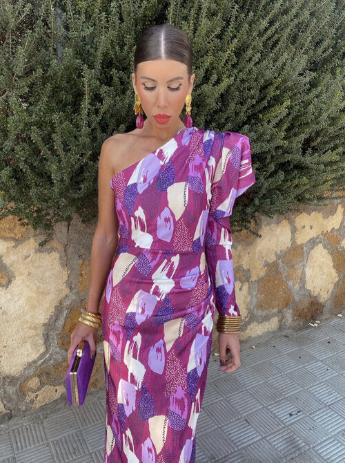 Elle - Vestido midi de hombros caídos morado